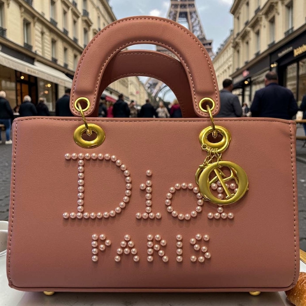 D Pink Pearl-Embellished Leather Satchel with Gold Hardware
